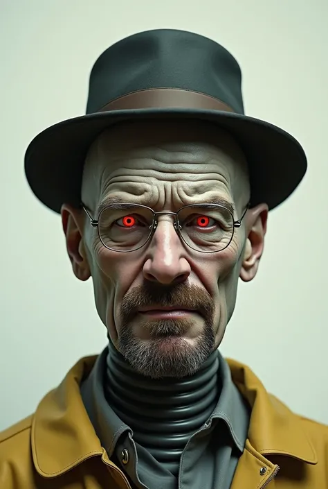 Create a photo with focus on the head . The character should be a mixture of Heisenberg from Breaking Bad and robot Bender from Futurama . Pay attention , that the figure appears true to the original . Put Heisenbender&#39;s hat on , mix the two faces and ...