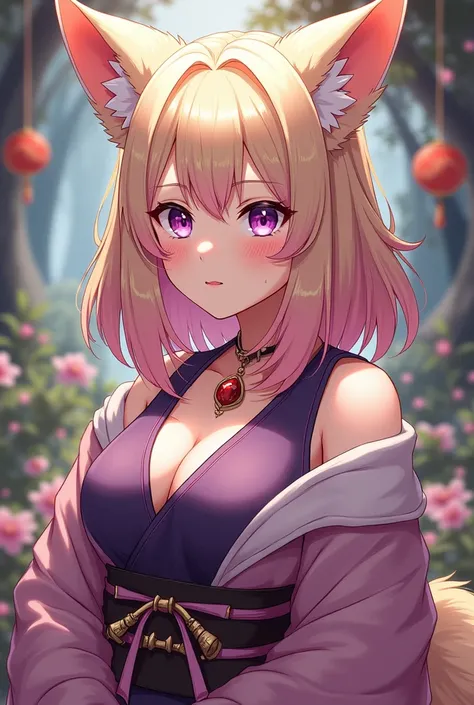 An older anime girl with a semi-realistic curvy body and blonde hair with pink tips, Short shoulder length hair, violet eyes and being a kitsune in the Genshin impact style