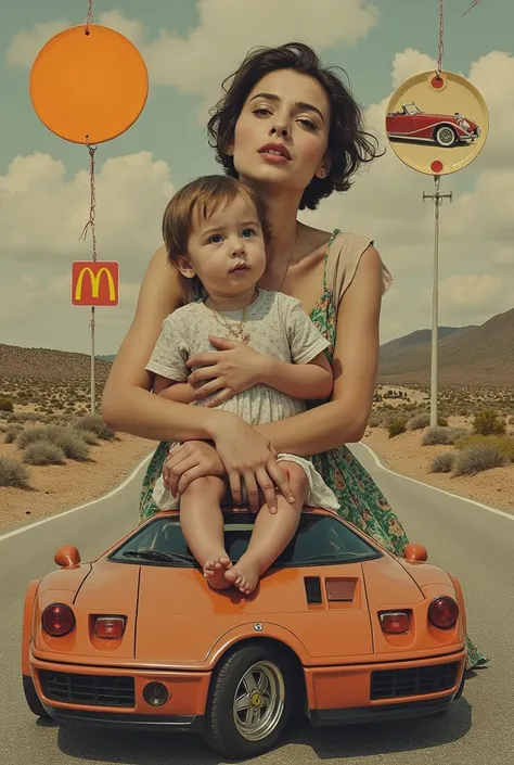 A collage style artwork containing images of a sun, a deserted road, a woman with her child on her lap, a ferrari, the Macdonald symbol all images on plates.