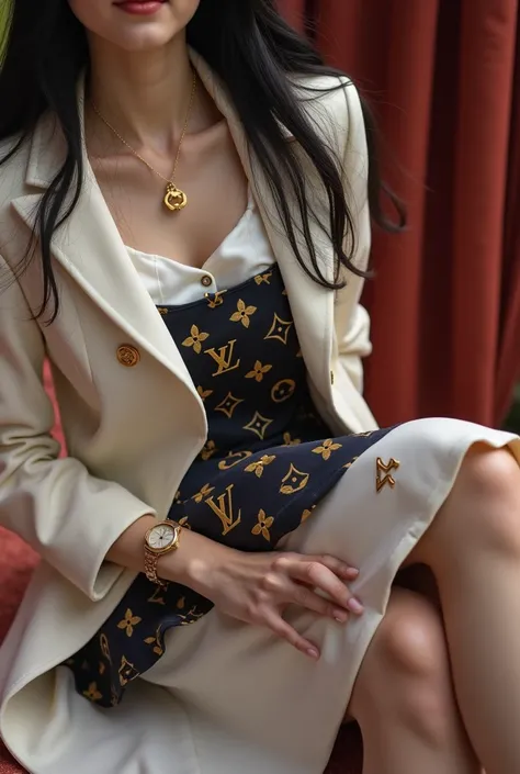 "A portrait of a stunningly beautiful Korean female student wearing a LouisVuitton-inspired school uniform, captured as though through a high-performancecamera. She has an elegant and poised appearance with long, flowing black hair and agentle, refined exp...