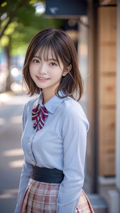 Best Quality, Realistic, Very detailed, finely, High resolution, 8K wallpaper, Cinema Lighting、1 person、cute Japanese girl、2、Medium Hair、Long sleeve collared blouse、Long skirt、 (Blurred Background、noon、Around town、Natural Light)、Sharp focus, Perfect dynami...