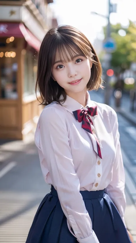 Best Quality, Realistic, Very detailed, finely, High resolution, 8K wallpaper, Cinema Lighting、1 person、cute Japanese girl、2、Medium Hair、Long sleeve collared blouse、Long skirt、 (Blurred Background、noon、Around town、Natural Light)、Sharp focus, Perfect dynami...