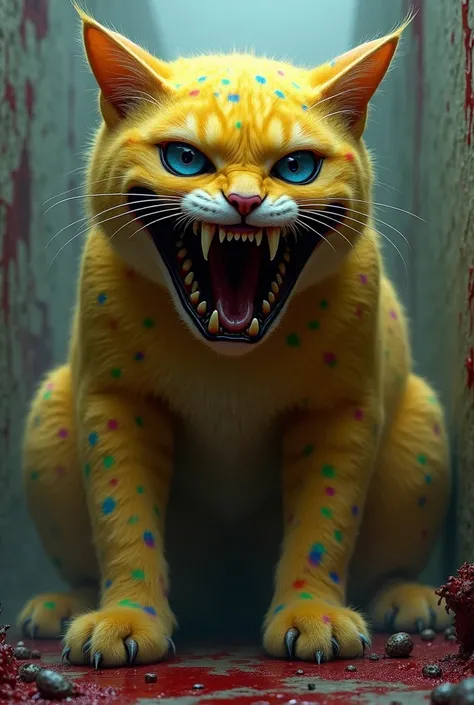 Yellow cat blue eyes Black teeth Red eyer rainbow colour body dots and two teeth big background horror seen mix blood  cat size big  big smile 