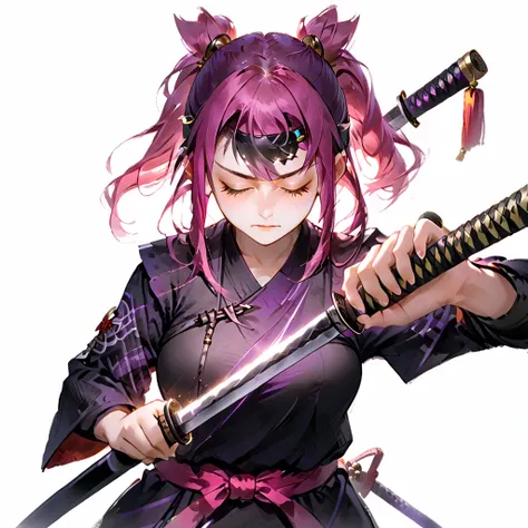 1girl, solo, closed eyes, purple ponytail, breasts, long pointy ears, closed mouth, frown, blind girl, black samurai clothes, si...