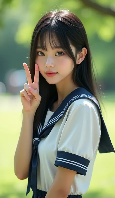 Extreme realism,  Realistic, Front View:1.21, Bust up shot, In a bright park, Simple Background, Realistic photo, beautiful woman, Cute Japanese female idols, 1, "I love you"sign language, Anatomically correct proportions, 5 anatomically correct fingers, S...