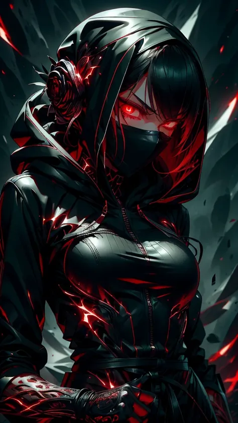 A slim woman dressed in all black, her hood hiding her hair as she wields a katana with deadly precision. Her eyes are a piercing red, a stark contrast to her black mask covering her mouth. She moves with the grace and style of an anime character, fighting...