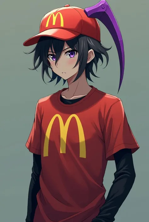 Male character with a cold face in anime style with a McDonald&#39;s shirt with a black long-sleeved shirt underneath and a McDonald&#39;s cap with a purple scythe on the back