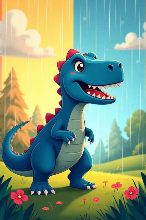  cartoon image of a blue Tyrannosaurus rex standing in profile in an open field where half of the environment is sunny and the other half is raining