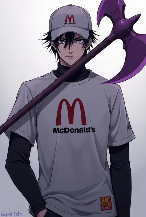 Male character with a cold face in anime style with a McDonald&#39;s shirt with a black long-sleeved shirt underneath and a McDonald&#39;s cap with a purple sickle in his hand