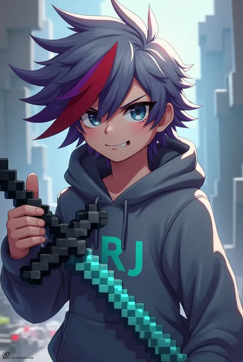 I want to create a anime character of minecraft which is wear a gray hoodie and hold a sword which is a netherite sword and his hair is gray,red and purple combined.He is a boy and his eye is also gray and in his chest writed RJ which is coloured in cyan