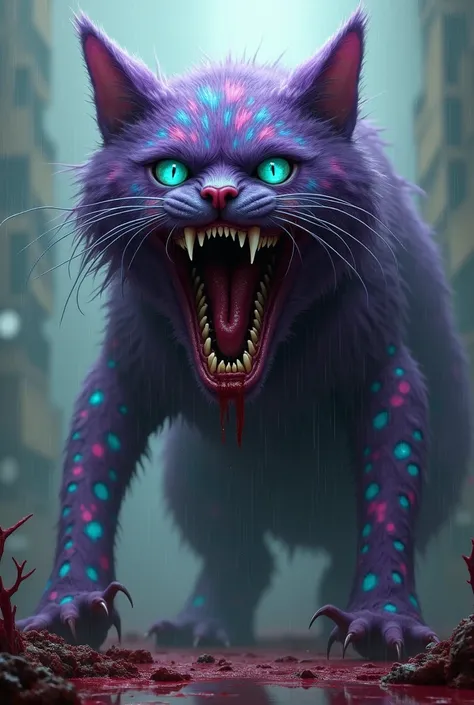 Purple cat blue eyes Black teeth Red eyer rainbow colour body dots and two teeth big background horror seen mix blood  cat size big  smile with blood rain