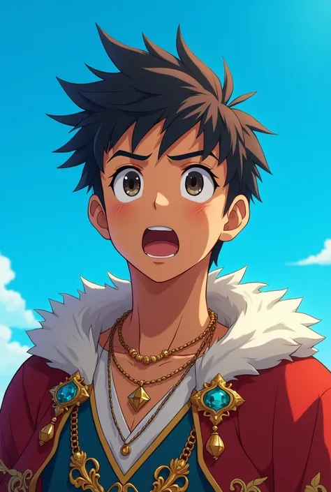 create me a brown anime boy, stylish, who looks like a king. He should look shocked and be on a blue background