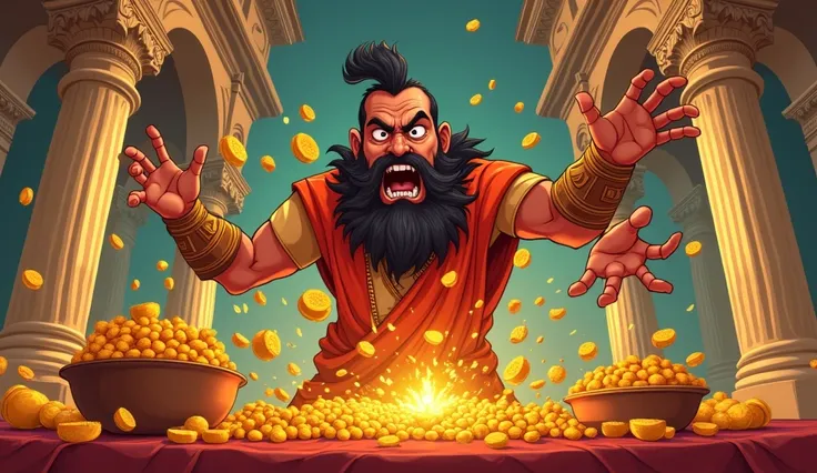 Cartoon black  bearded indian king angrily throwing golden foods and fruits from the table inside the palace