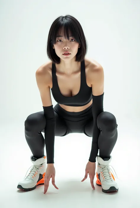 live-action、Real、Japanese girl with black bob hair、Short Hair、Pale pink lips、Thick lower lip、Black sports bra、Moderate bust、Black tights、Black shorts、White and orange futuristic high-top sneakers、Dynamic pose、Crouching Start、White background
