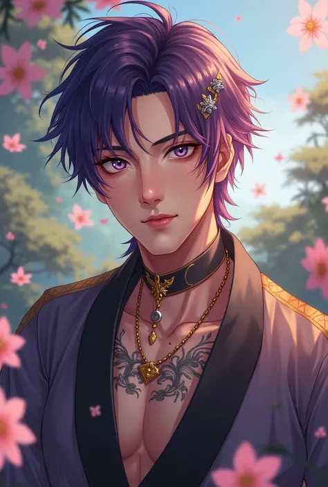 Young asian man. Dark skin. Little mole under right eye. Silver shiny eyes. Anime. Hamdsome. Cute. Beautiful facials features. Bicolored hair gradient of purple and blond color. Colors Locks. Silver accessories in his hair. Blush.  Black fuzzy eyebrows. Sm...