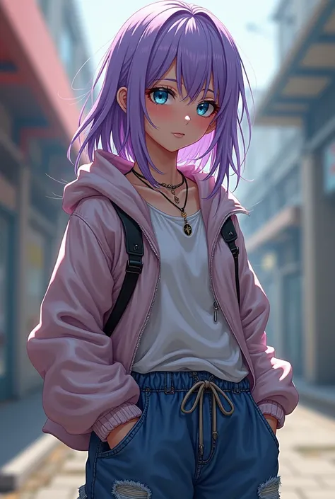 Highchool girl, troublemaker, blue eyes, hair down, light  purple hair, standing, baggie clothes