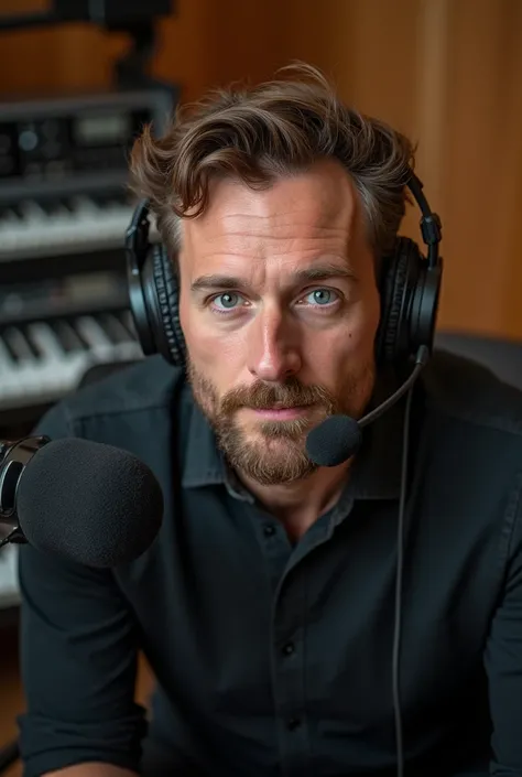 Un homme dans un studio 🎙️🎙️ image portrait que cest yeux la caméra 📷 quil porte le casque 