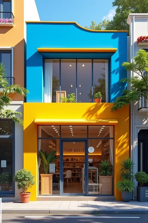 Front of a blue and yellow store 
