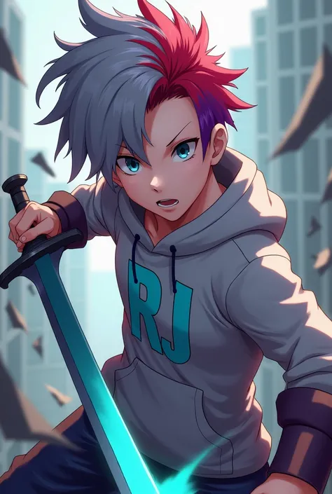 I want to create a anime character of minecraft which is wear a gray hoodie and hold a sword which is a netherite sword and his hair is gray,red and purple combined.He is a boy and his eye is also gray and in his chest writed RJ which is coloured in cyan a...