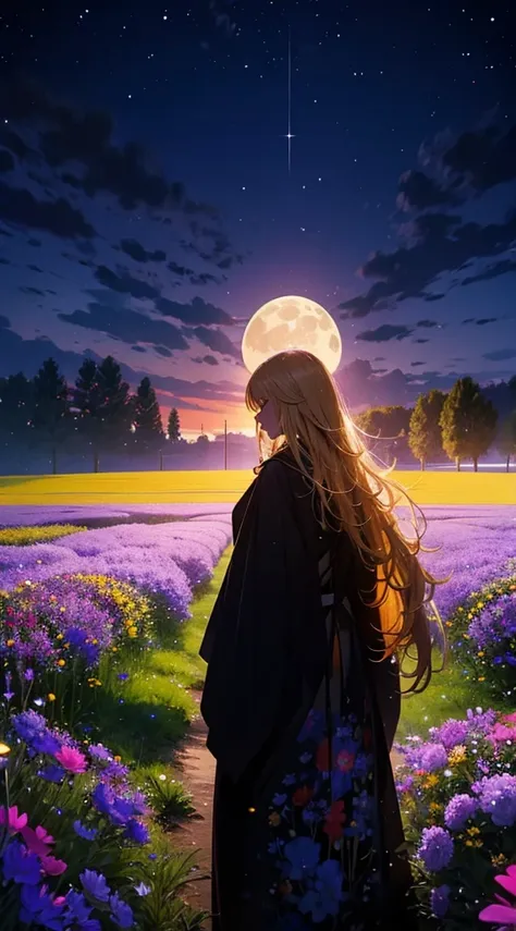 １people々々々々々々々々々々々々,Blonde long hair woman，Long coat， Dress Silhouette， Rear View，universe ，Flower Field，night，moon，Colorful flowers