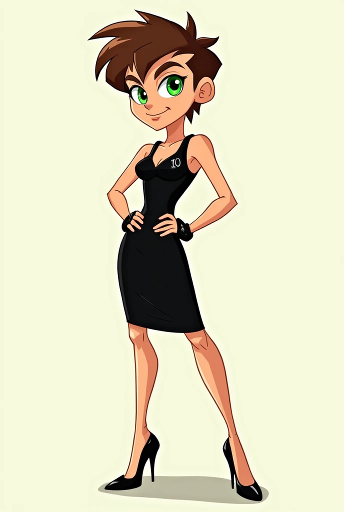 Draw Ben from Ben 10 Alien Force wearing a black dress and high heels Cartoon style 