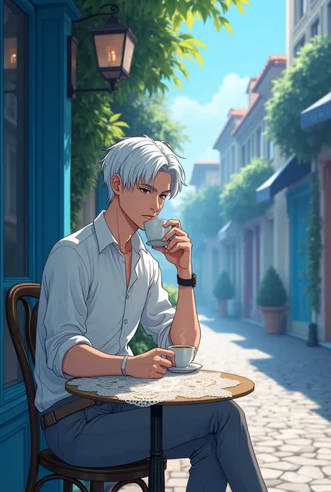 beautiful white haired anime man sitting having a coffee on a blue street