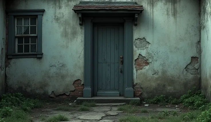 A door closed in the corner of a dilapidated house, long look shot