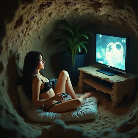 Detailed underground burrow made of earthy tones,safe place, sexy hot woman dirty, lace bikini only, brunette  hair, looking at camera, playing playstation, intricate features, immaculate surrounds and details, interesting colors, facing the television, in...