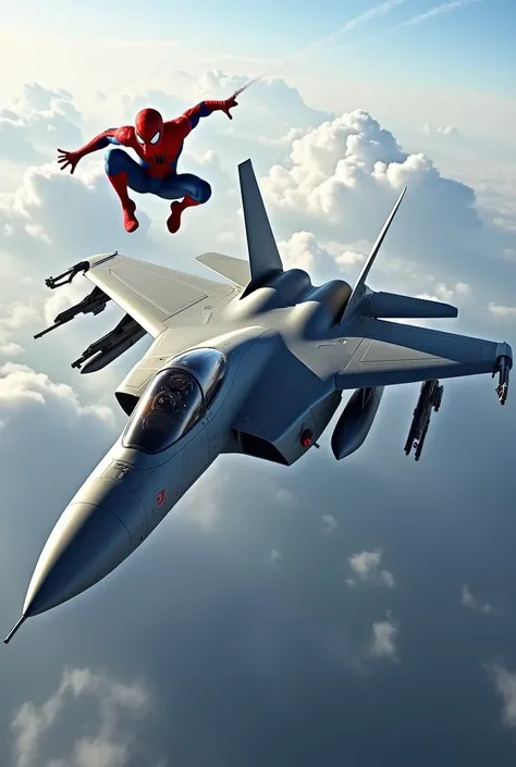   Show a fighter jet with Spiderman side by side 