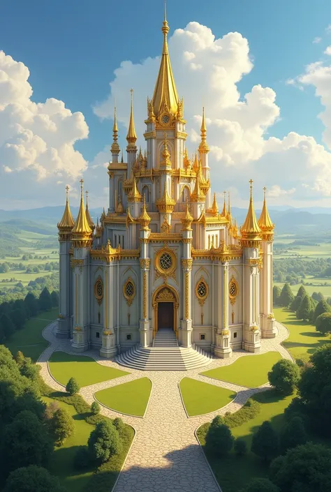 A beautiful tallest and largest, biggest golden castle on a plain kingdom
