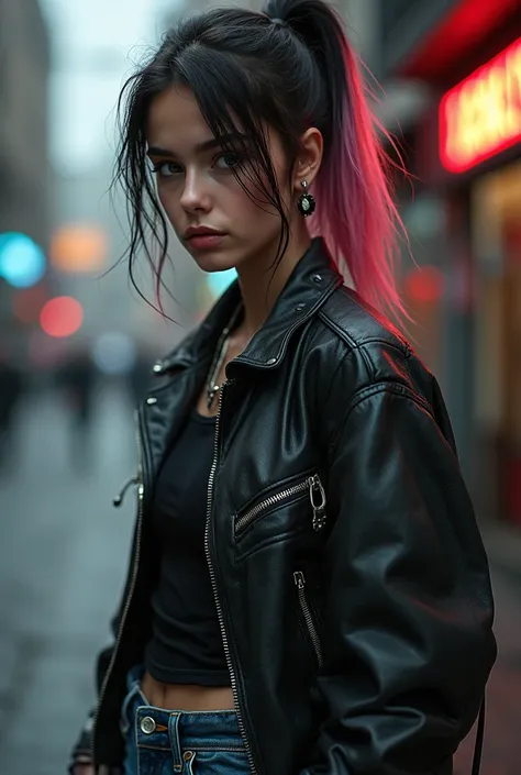 A troublemaker tomboy looking girl, ombré pink and black hair, ponytail, ripped jeans, messy punk clothing, detailed face, beautiful eyes, stoic expression, urban city background, moody lighting, cinematic composition, high contrast, gritty, dark fantasy, ...