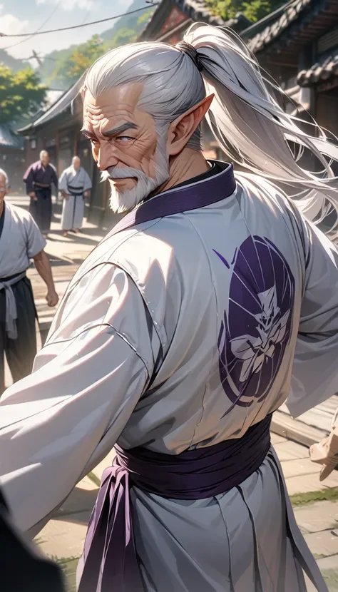 adult man, male, boy, long white hair, high ponytail, white eyes, white beard, old man, martial arts, smile, mature, elf ears, white kimono, purple print, Masterpiece, best quality, Full HD, 8k, ultra details, great graphic