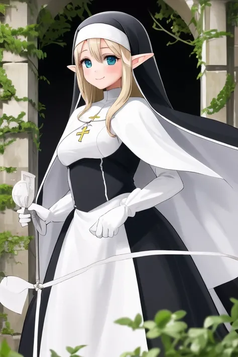 incubation, a girl, smile, elf, nun, long skirt, white gloves, cape, mature woman, 