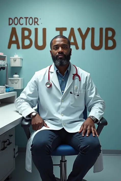 Create a black doctor whose name is ( Abu Tayub) written behind the wall of his chamber bigly,he is talking to his patient on a table,sitting on Chair  and make the room bright