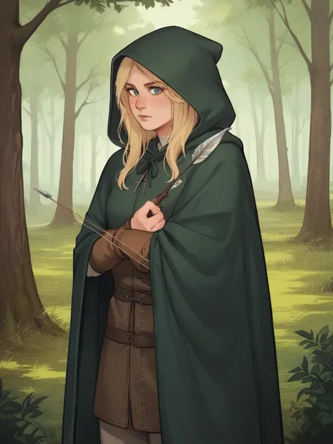 1female, long hair, dressing a medieval leather, bow, arrows, forest in background, blonde hair, dark green cloak, hooded cloak, hood over head, archer