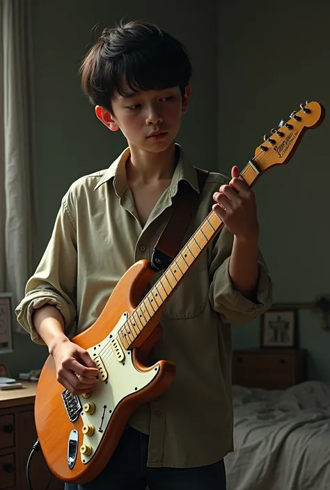 Jeune homme portant une chemise trop grande , il a les cheveux courts et les yeux mi-clos , Il est mince et joue dune vieille guitare électrique Fender. .