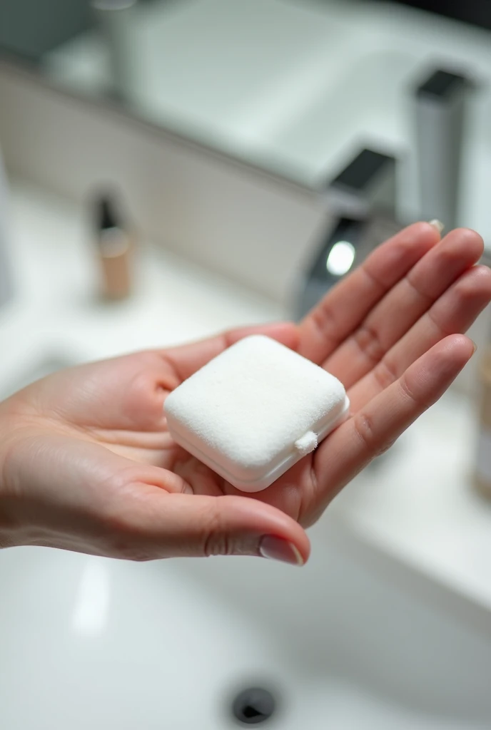 Image of a person sanitizing a small, square puff