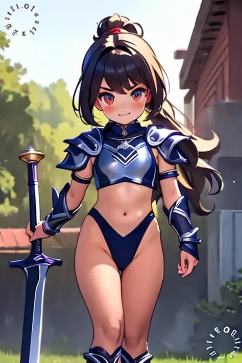 a bit, warrior girl, black high leg swimsuit, sword,armor、