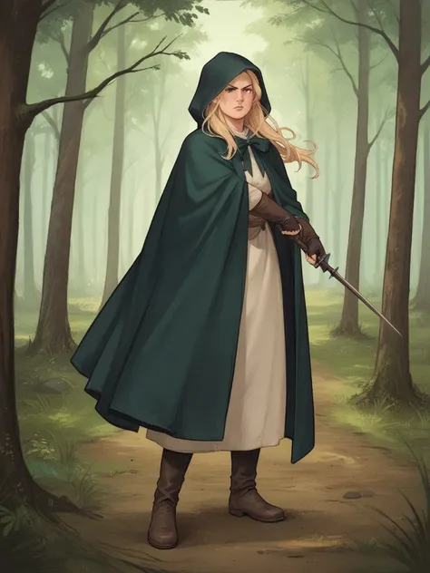 1female, long hair, dressing a medieval leather, bow, forest in background, blonde hair, dark green cloak, hooded cloak, hood over head, archer, mature, long bow, wooden bow, attack stance