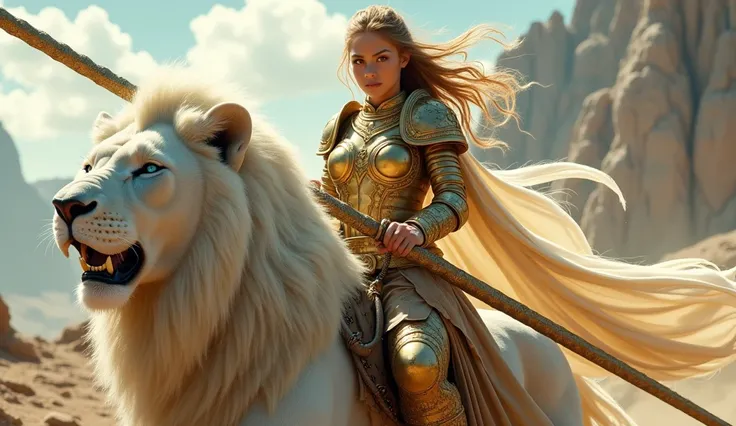 A very beautiful and gorgeous,brave, and courageous zero figur six-pack abs muscular and normal breast young warrior girl with blue eyes in hand golden black large, long and gigantic sword is riding a fierce white  lion with large blue eyes, wearing heavy ...