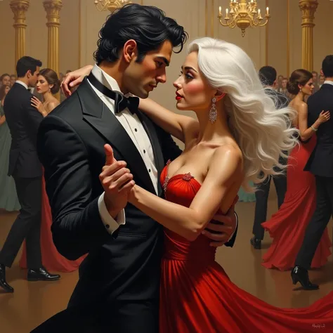 realistic oil painting, Muscular black haired man wearing a formal black suit and they are in a closed position facing each other looking at each other&#39;s eyes, His left hand takes her right hand and the waist dances to a young woman with white hair and...