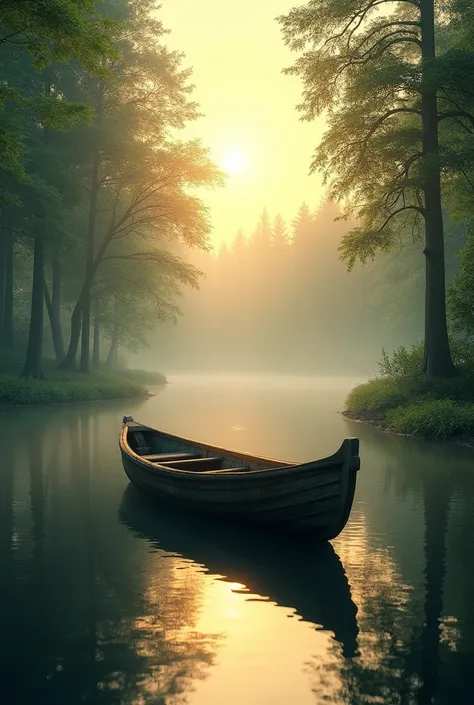 Realistic forest at dawn, wooden boat by the lake