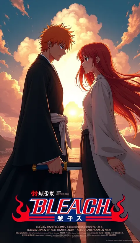  “Create a movie blockbuster poster featuring Ichigo Kurosaki (from Bleach) and Bulma (from Dragon Ball). Title: ‘Fateful Encounter’ should be large and prominently displayed. Directed by [Director]. Rated 18+. Premiering on [Date]. Add text like ‘A meetin...