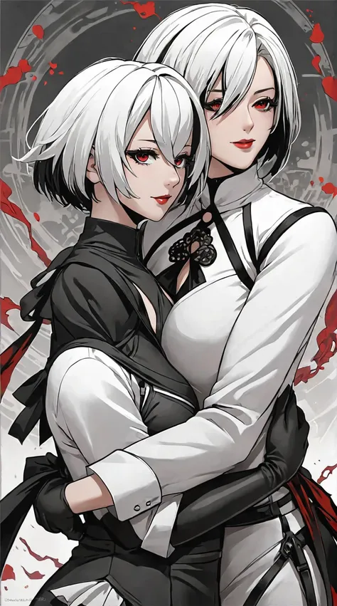 anime drawing of a woman in a harness hugging a man, (sfw) safe for work, gapmoe yandere, twintails white_gloves, 2 b, 2b, red a...