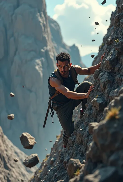 A young man is climbing a steep mountain, and as he ascends, some rocks fall off. But you can see the determination on his face to reach the top of the mountain."






