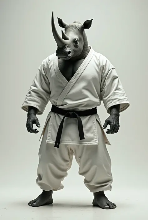 A jiu-jitsu fighter with a rhinoceros face wearing a white kimono