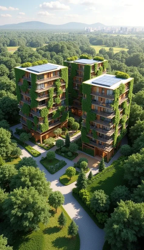 Create an architectural design of an eco-friendly residential complex. The buildings are mid-rise, with solar panels on the roofs and green facades covered in plants. The design should include communal gardens, large balconies, and terraces overlooking the...