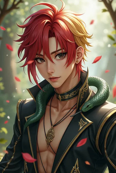 Young asian man. Dark skin. Little mole under right eye. shiny black reptilian eyes. Anime. Handsome. Cute. Beautiful facials features. Bicolored hair gradient of red and blond color. Colorful Locks. Silver snake accessories in his hair. Wearing Golden cho...