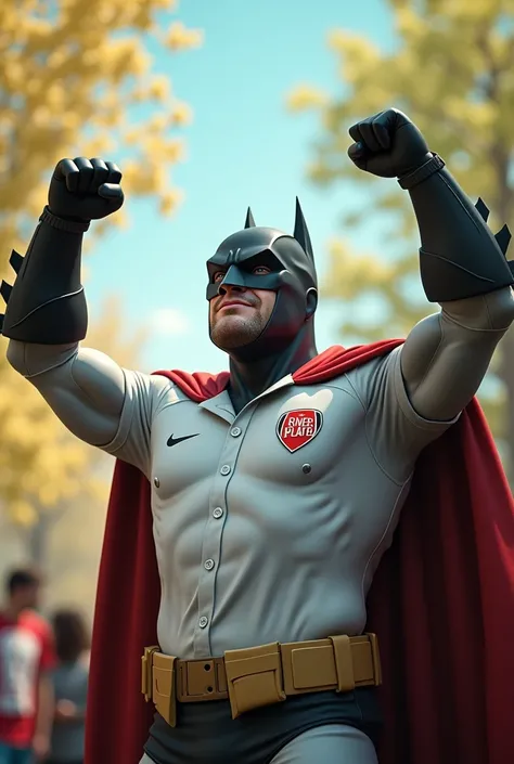 Batman wearing the white shirt with the red River Plate band celebrating spring