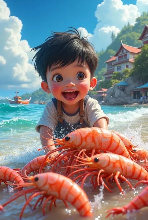 a boy catching large shrimp at a seaside village, detailed facial features, beautiful ocean background, high quality, photorealistic, stunning lighting, vibrant colors, serene atmosphere, picturesque landscape, intricate details, dynamic composition, maste...